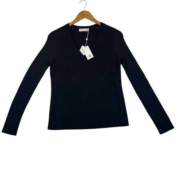 Tory Burch Molly Sweater Women's S Wool Navy Blue Leather Suede Front V-neck NWT - Picture 1 of 14
